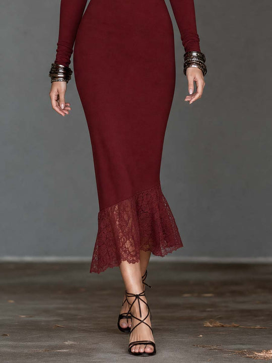 Boho Wine Red Contrast Lace Turtleneck Long Sleeve Bodycon Midi Dress