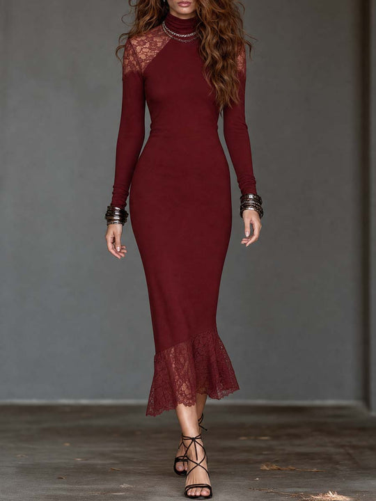 Boho Wine Red Contrast Lace Turtleneck Long Sleeve Bodycon Midi Dress