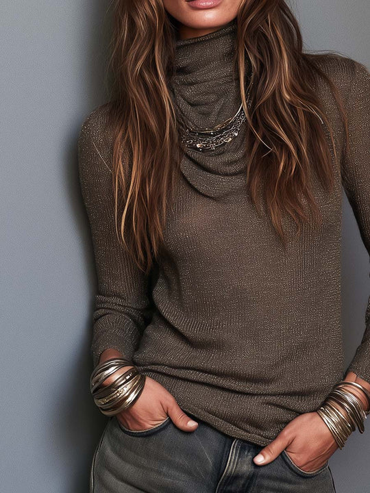 Boho Brown Lightweight Knit Cowl Neck Long Sleeve Slim Fit Top