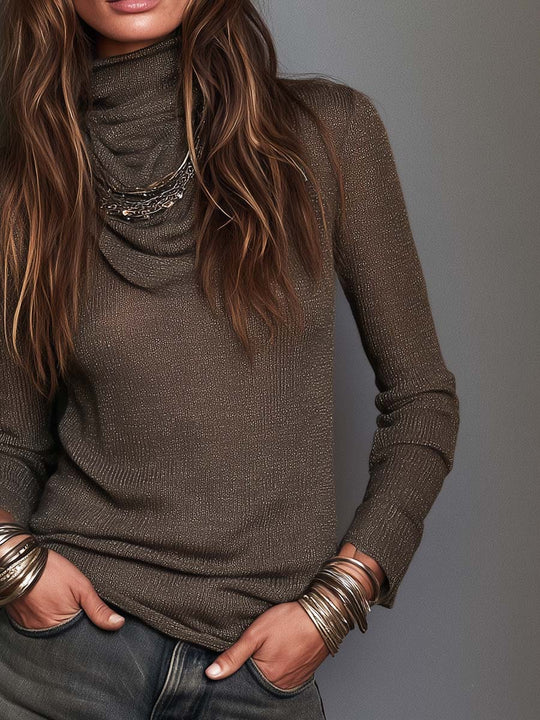 Boho Brown Lightweight Knit Cowl Neck Long Sleeve Slim Fit Top