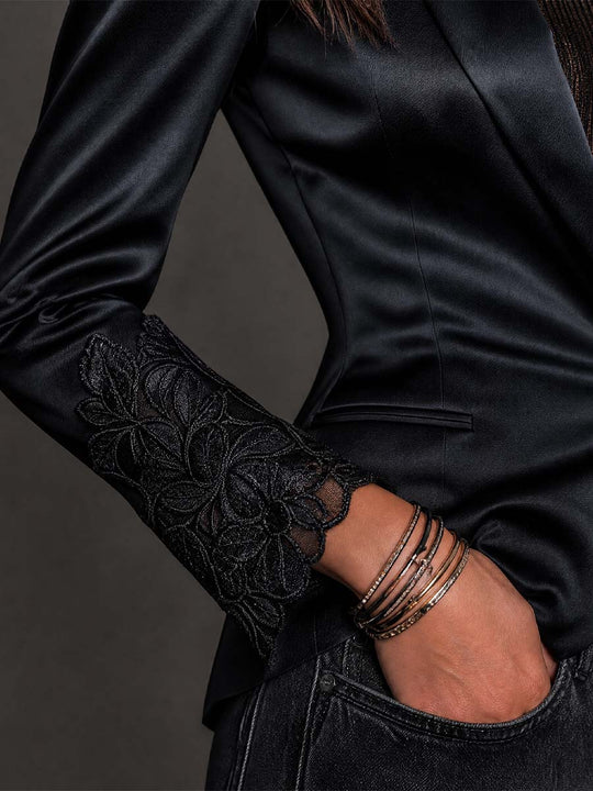 Elegant Satin Cuff Embroidery Detail Slim Fit Blazer