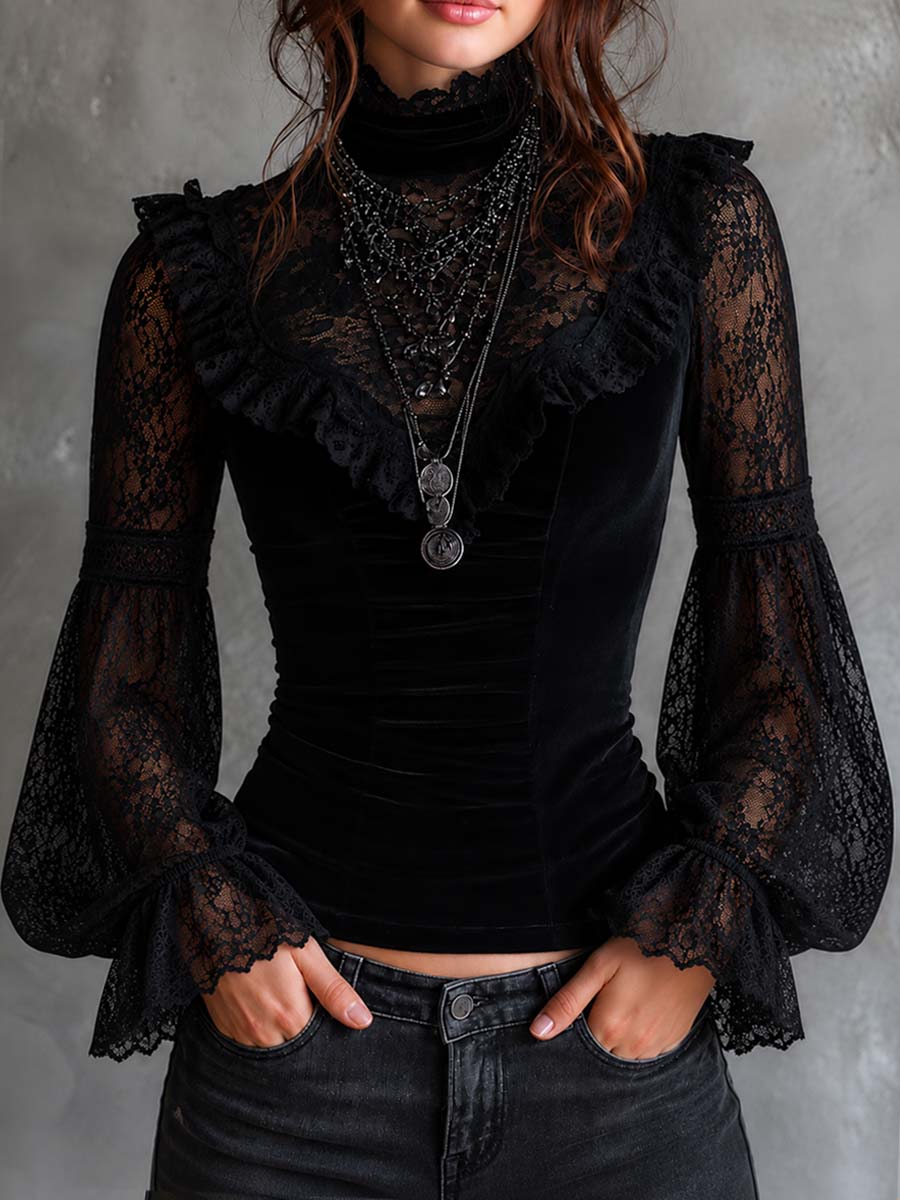 Vintage Lace Lantern-sleeve Polyester Velvet Blouse