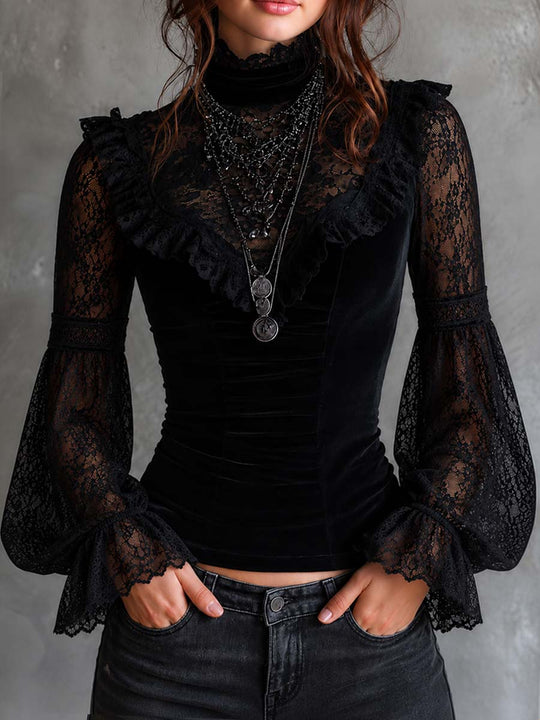 Vintage Lace Lantern-sleeve Polyester Velvet Blouse