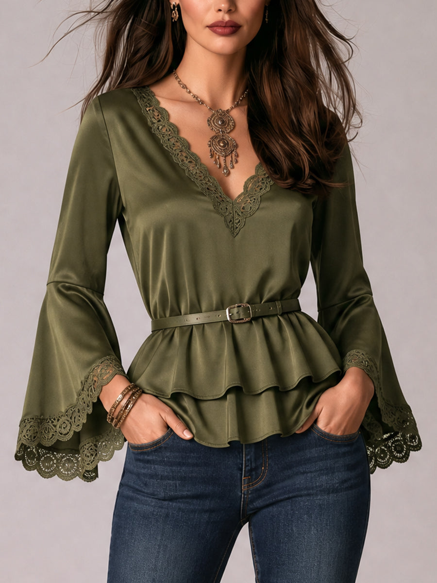 Olive Lace Trim Belted Peplum Blouse