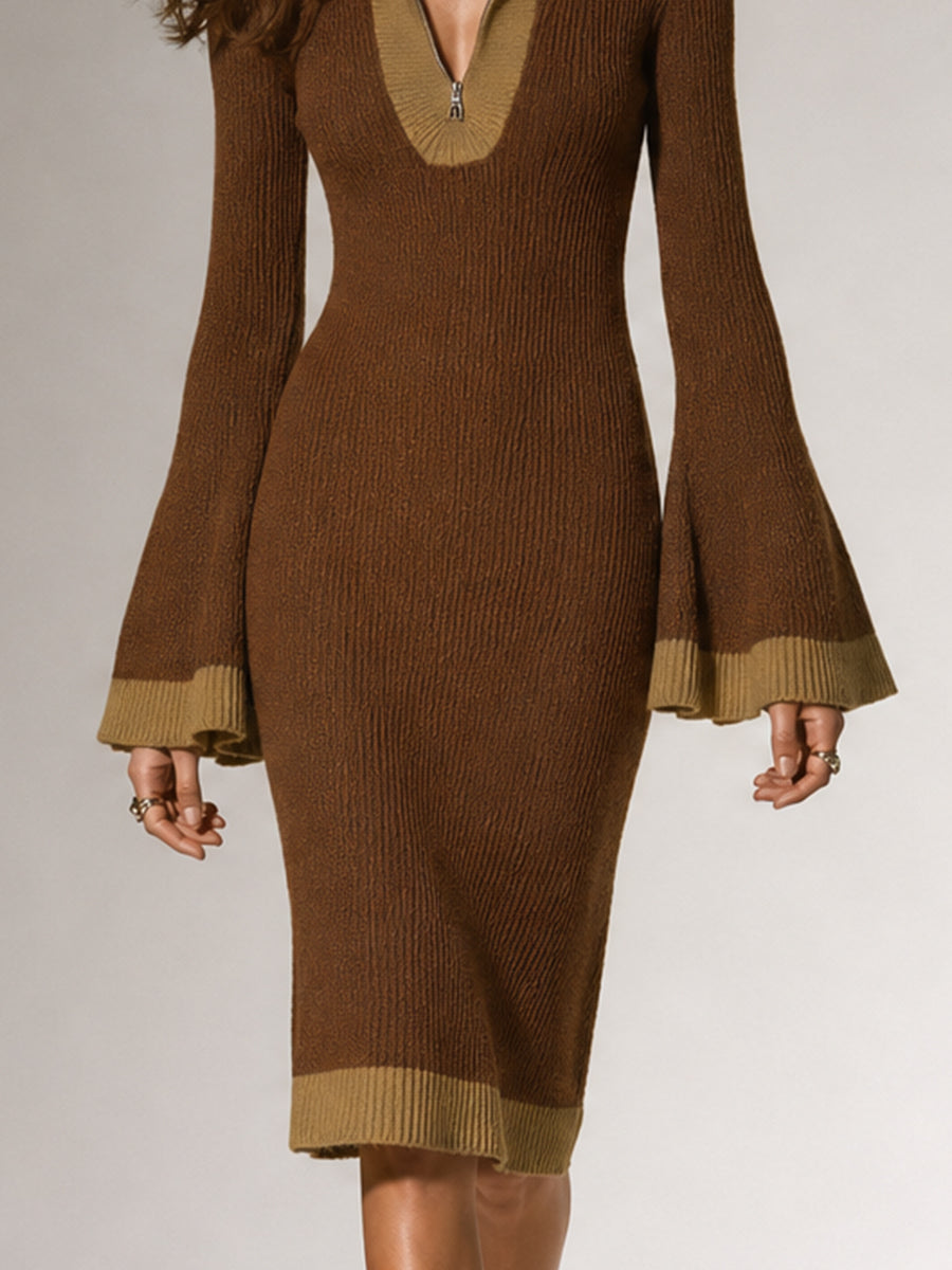 Brown Colorblock Flare Sleeve Knit Dress