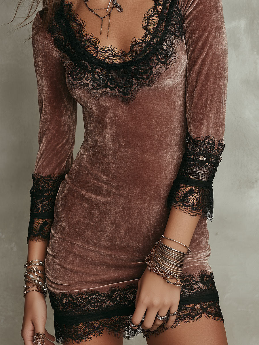 Vintage-style Lace Trim Velvet Fitted Mini Dress