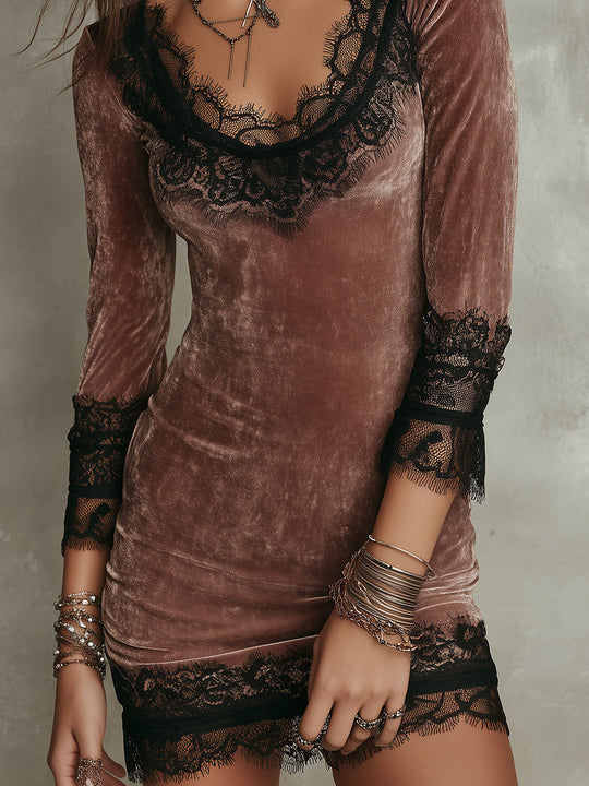Vintage-style Lace Trim Velvet Fitted Mini Dress