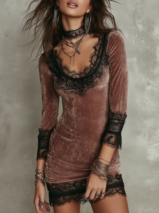 Vintage-style Lace Trim Velvet Fitted Mini Dress