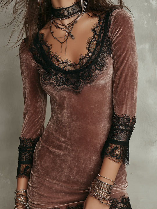 Vintage-style Lace Trim Velvet Fitted Mini Dress