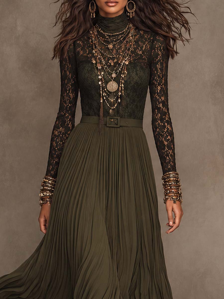 Boho Dark Olive Green Lace Chiffon High Neck Long Sleeve Pleated Maxi Dress With Belt