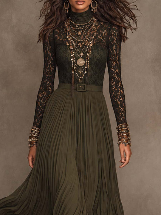 Boho Dark Olive Green Lace Chiffon High Neck Long Sleeve Pleated Maxi Dress With Belt
