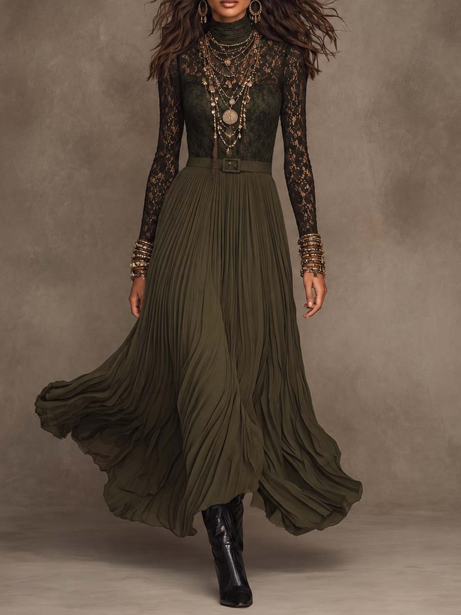 Boho Dark Olive Green Lace Chiffon High Neck Long Sleeve Pleated Maxi Dress With Belt
