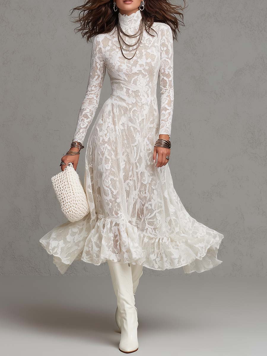 Elegant Sheer Floral Lace Turtleneck Long Sleeve Midi Dress