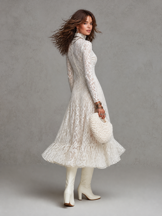 Elegant Sheer Floral Lace Turtleneck Long Sleeve Midi Dress