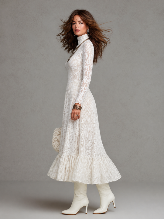 Elegant Sheer Floral Lace Turtleneck Long Sleeve Midi Dress