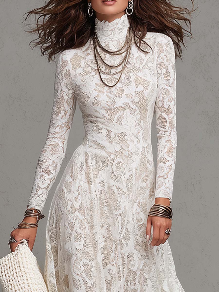 Elegant Sheer Floral Lace Turtleneck Long Sleeve Midi Dress