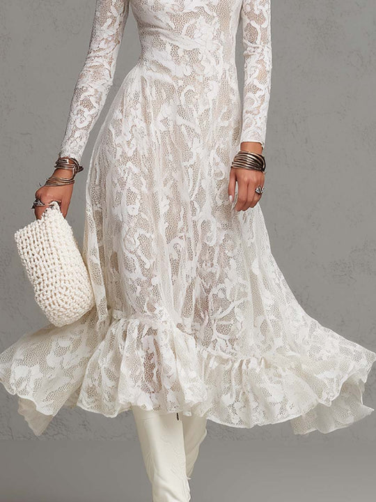 Elegant Sheer Floral Lace Turtleneck Long Sleeve Midi Dress