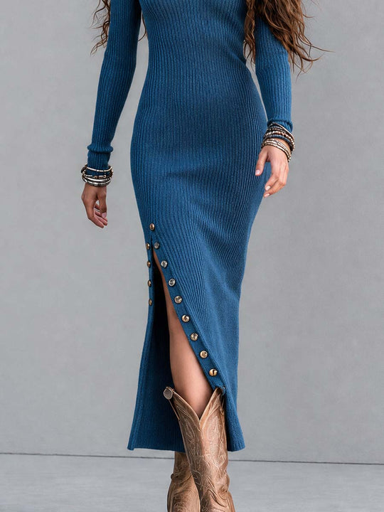 Teal Blue Off-Shoulder Long Sleeve Slim Fit Side Button Slit Sweater Maxi Dress