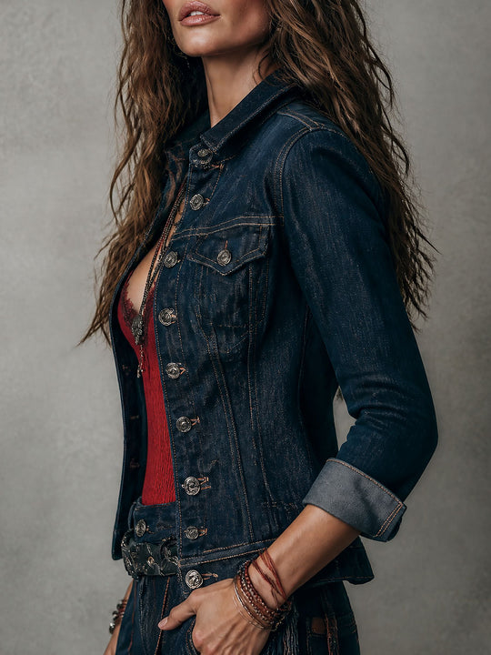 Vintage Wash Denim Jacket with Studded Button Detail