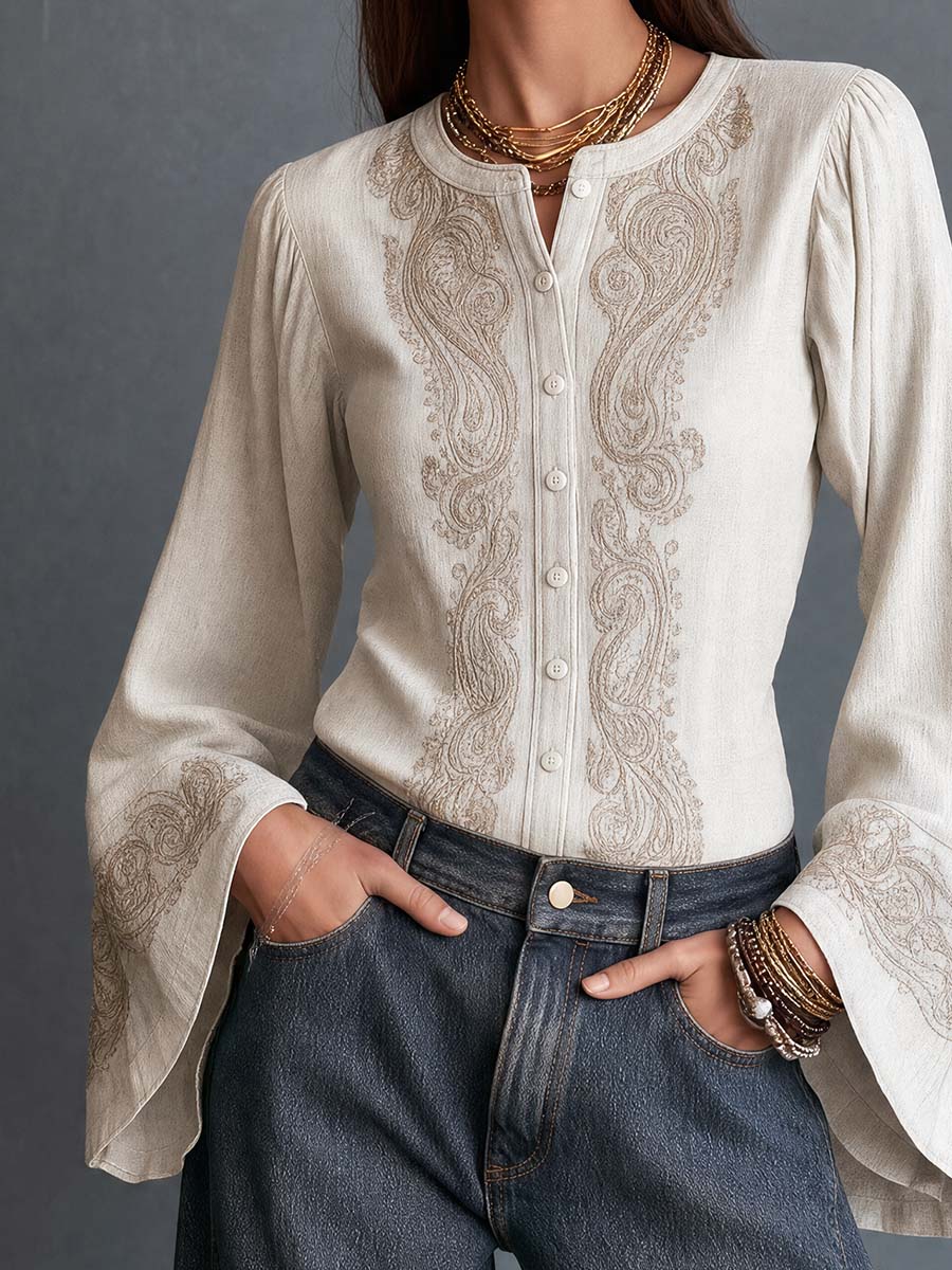 Boho Ivory Paisley Embroidery Long Bell Sleeve Button-Down Shirt