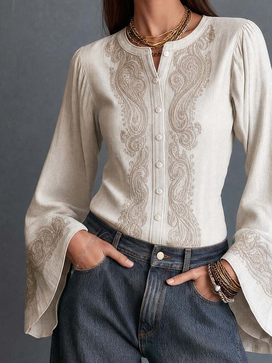 Boho Ivory Paisley Embroidery Long Bell Sleeve Button-Down Shirt