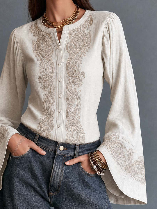 Boho Ivory Paisley Embroidery Long Bell Sleeve Button-Down Shirt