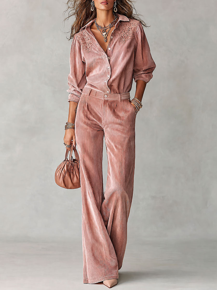 Boho Corduroy Lace-Trim Shirt & Wide-Leg Pants Set