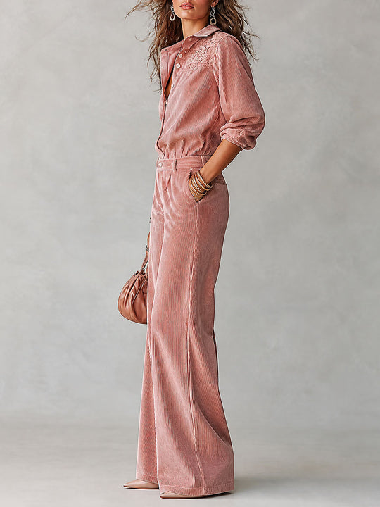 Boho Corduroy Lace-Trim Shirt & Wide-Leg Pants Set
