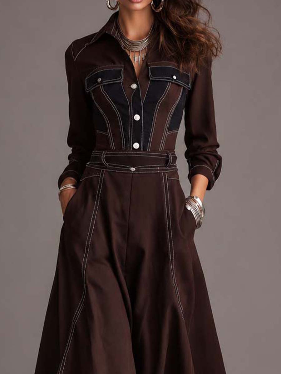 Vintage Western Shirt Collar Contrast Stitching Dark Brown Twill Midi Dress