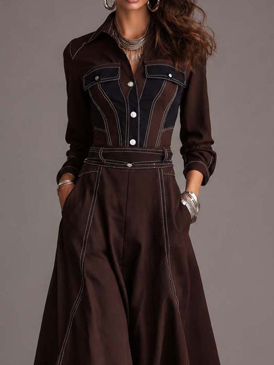 Vintage Western Shirt Collar Contrast Stitching Dark Brown Twill Midi Dress
