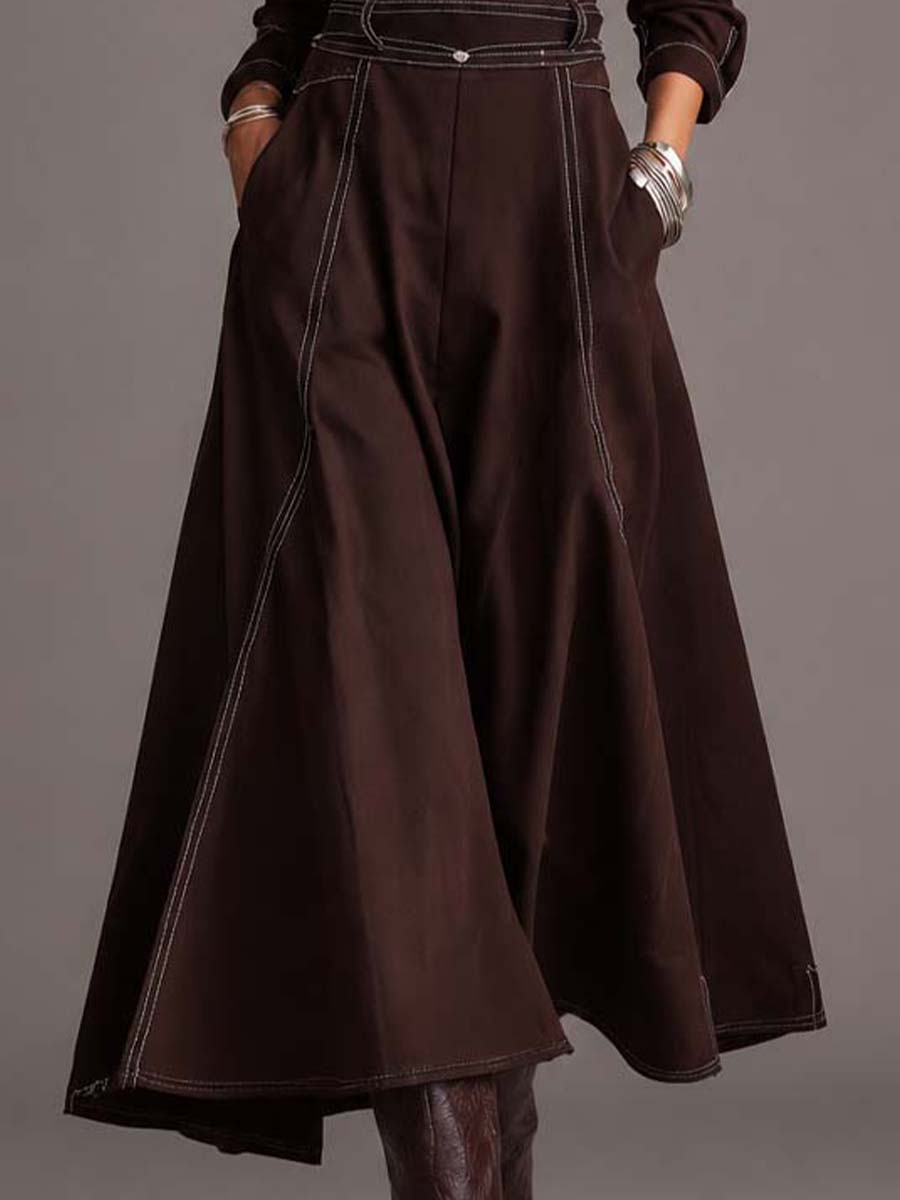 Vintage Western Shirt Collar Contrast Stitching Dark Brown Twill Midi Dress