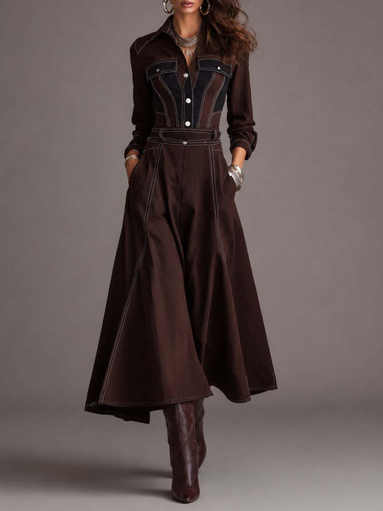 Vintage Western Shirt Collar Contrast Stitching Dark Brown Twill Midi Dress
