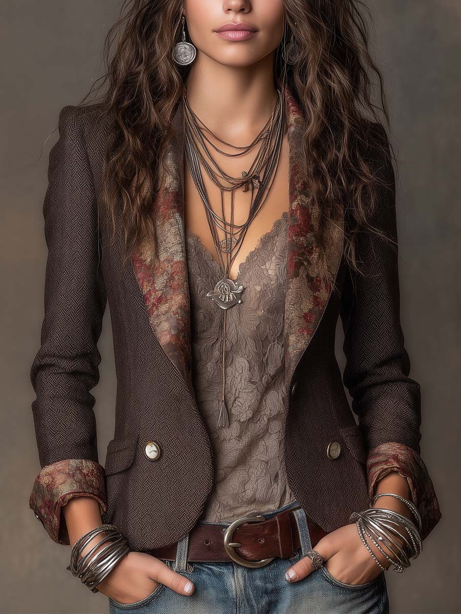 Vintage Herringbone with Floral Print Lapel Blazer