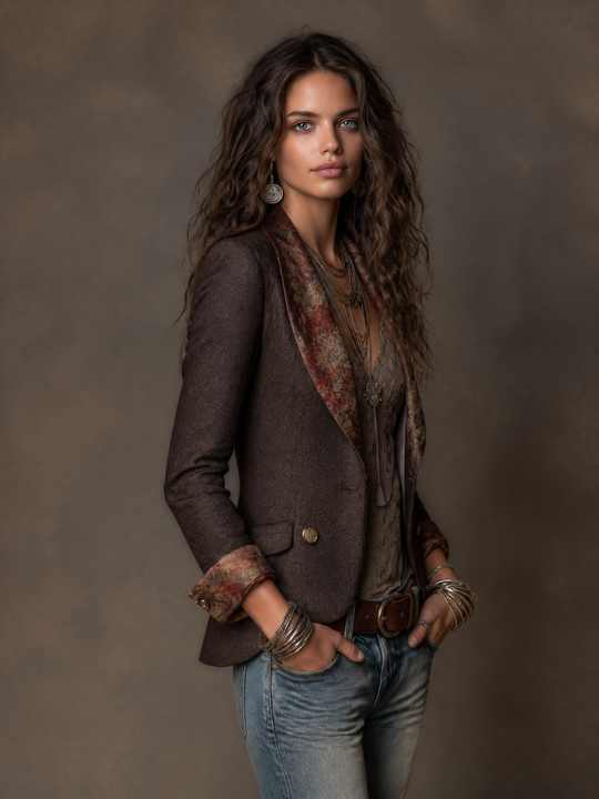 Vintage Herringbone with Floral Print Lapel Blazer