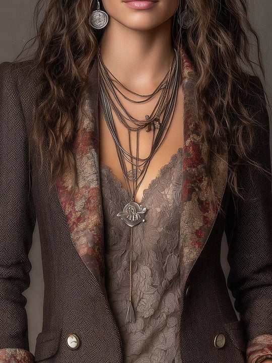 Vintage Herringbone with Floral Print Lapel Blazer