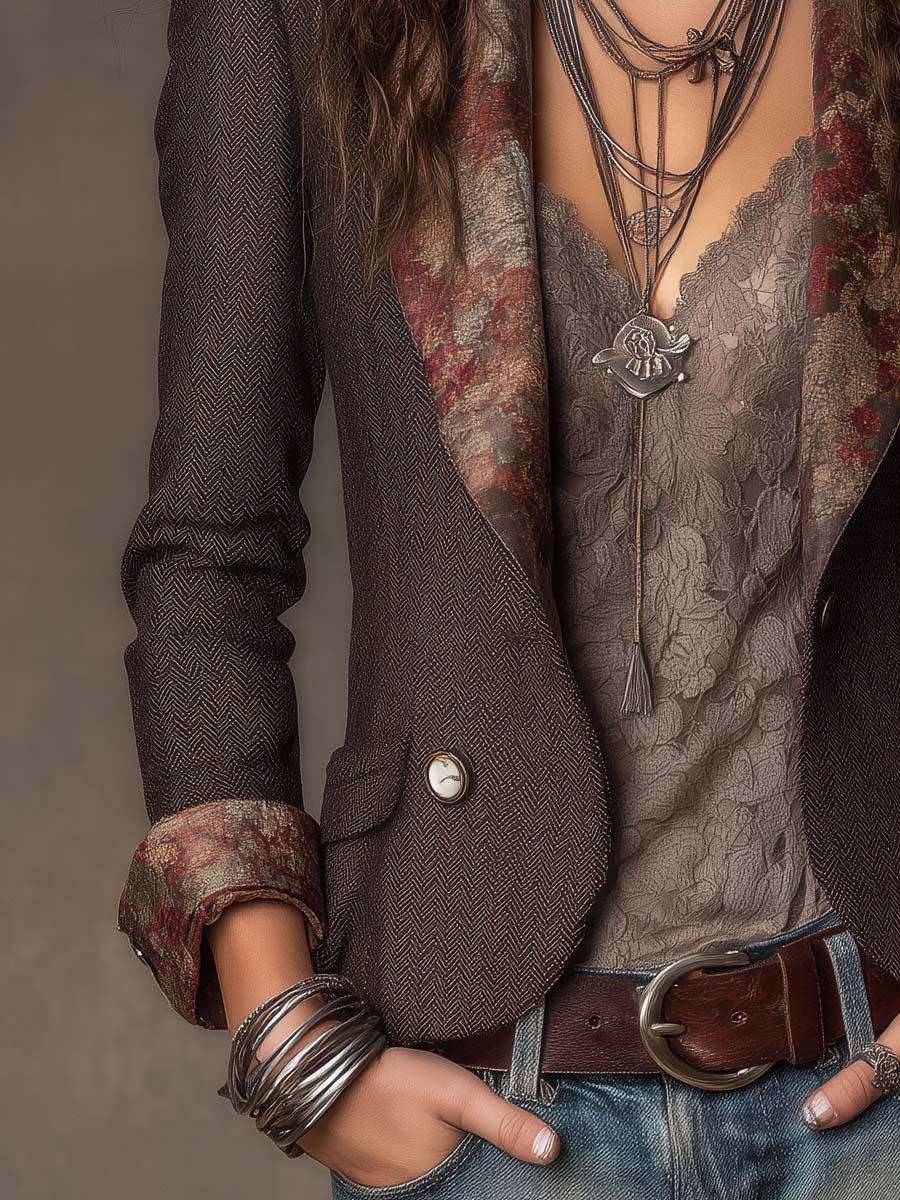 Vintage Herringbone with Floral Print Lapel Blazer