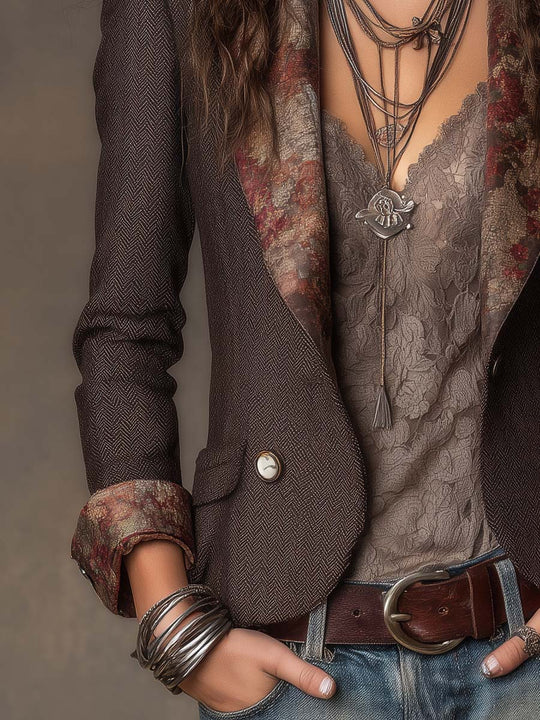 Vintage Herringbone with Floral Print Lapel Blazer