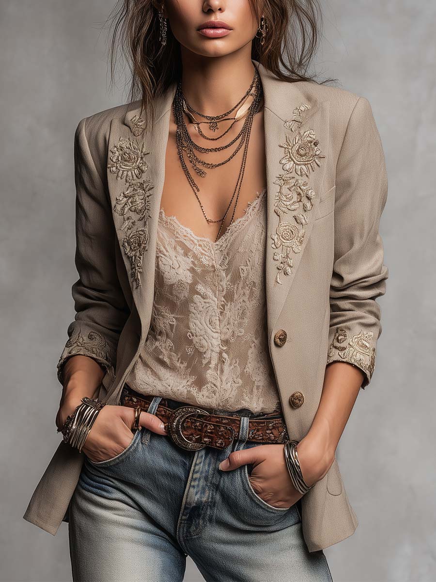Boho Western Light Khaki Linen Blend Beige‑Gold Floral Embroidered Lapel Blazer