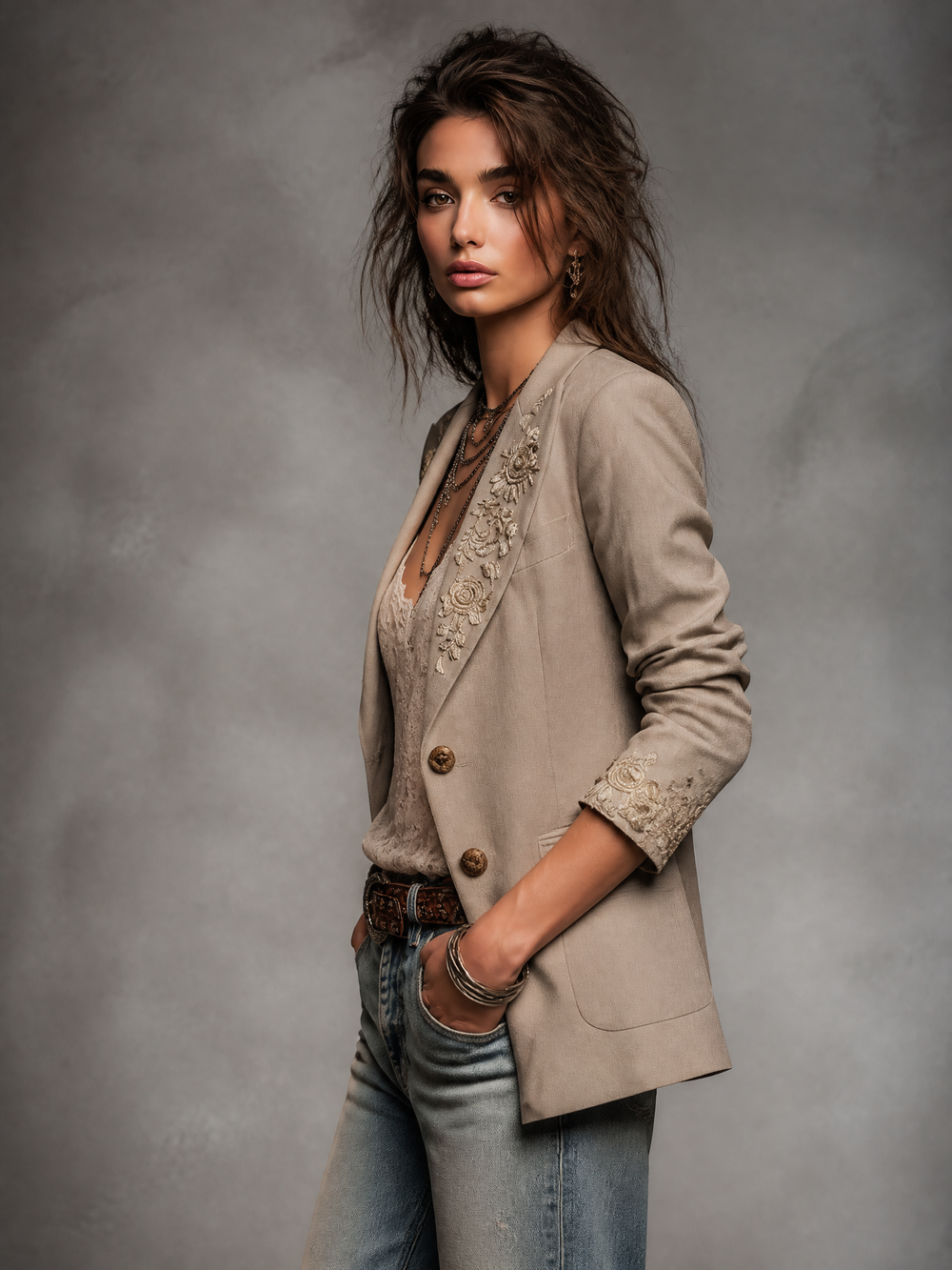 Boho Western Light Khaki Linen Blend Beige‑Gold Floral Embroidered Lapel Blazer