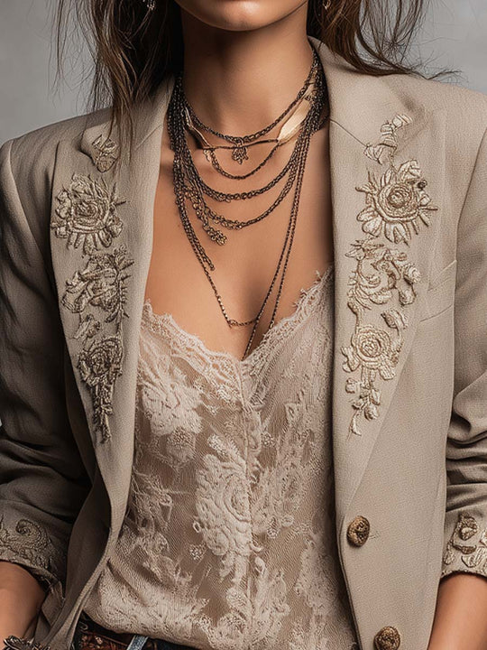 Boho Western Light Khaki Linen Blend Beige‑Gold Floral Embroidered Lapel Blazer