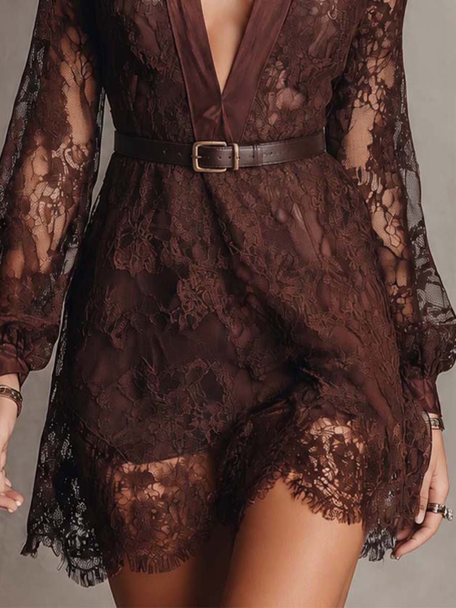 Boho Vintage Dark Brown Floral Lace Mini Dress