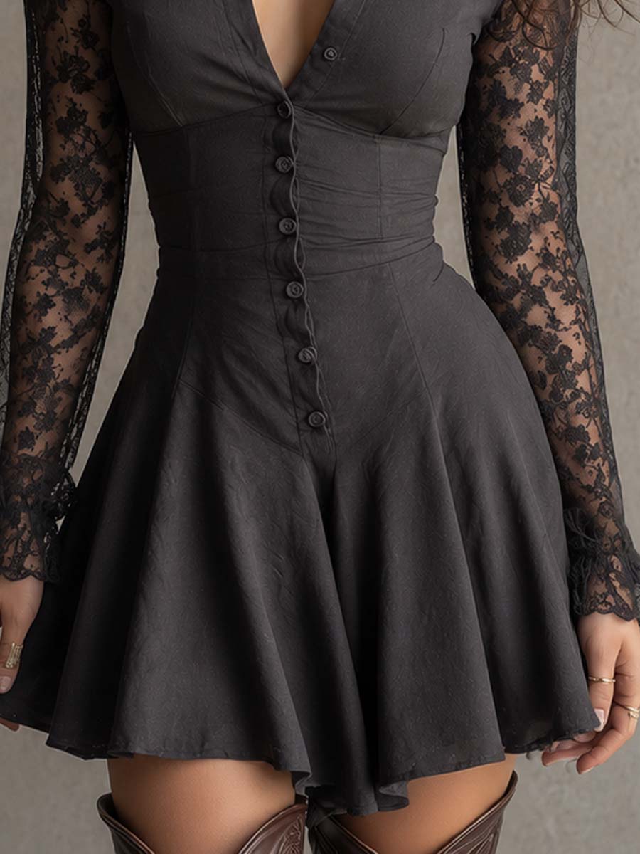 Gothic Boho Collared V Neck Button Down Floral Lace Sleeve Mini Dress