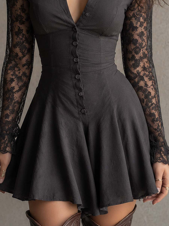 Gothic Boho Collared V Neck Button Down Floral Lace Sleeve Mini Dress