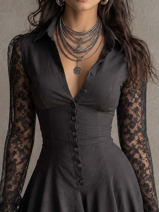 Gothic Boho Collared V Neck Button Down Floral Lace Sleeve Mini Dress