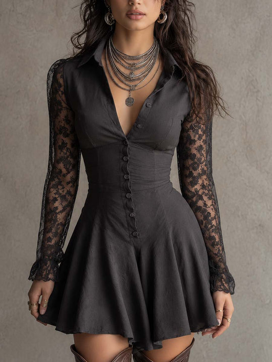 Gothic Boho Collared V Neck Button Down Floral Lace Sleeve Mini Dress