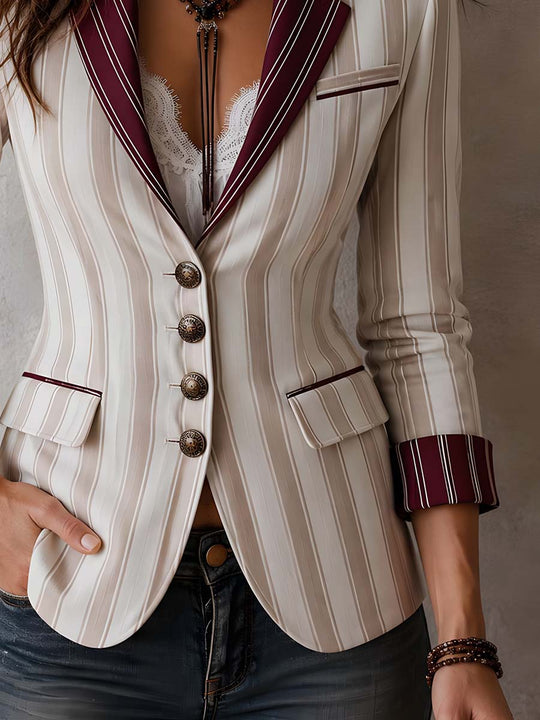 Retro Contrasting Lapel Striped Blazer