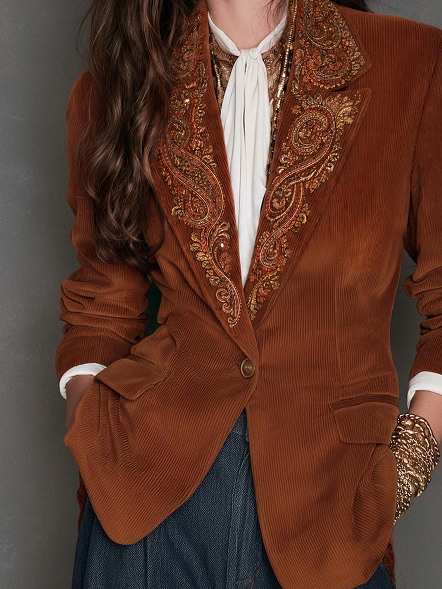Boho Chic Camel Ornate Sequin Embroidered Lapel Corduroy Blazer