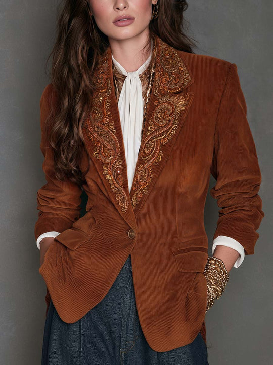 Boho Chic Camel Ornate Sequin Embroidered Lapel Corduroy Blazer
