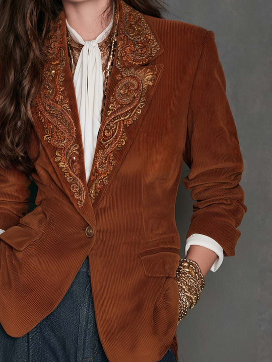 Boho Chic Camel Ornate Sequin Embroidered Lapel Corduroy Blazer