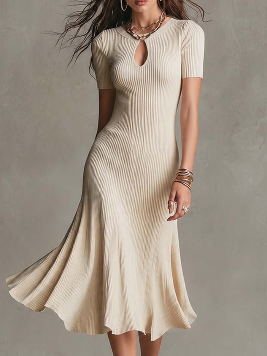 Elegant Keyhole Neck Short Sleeve Off‑White Vertical Ribbed Knit Flared Midi Dress